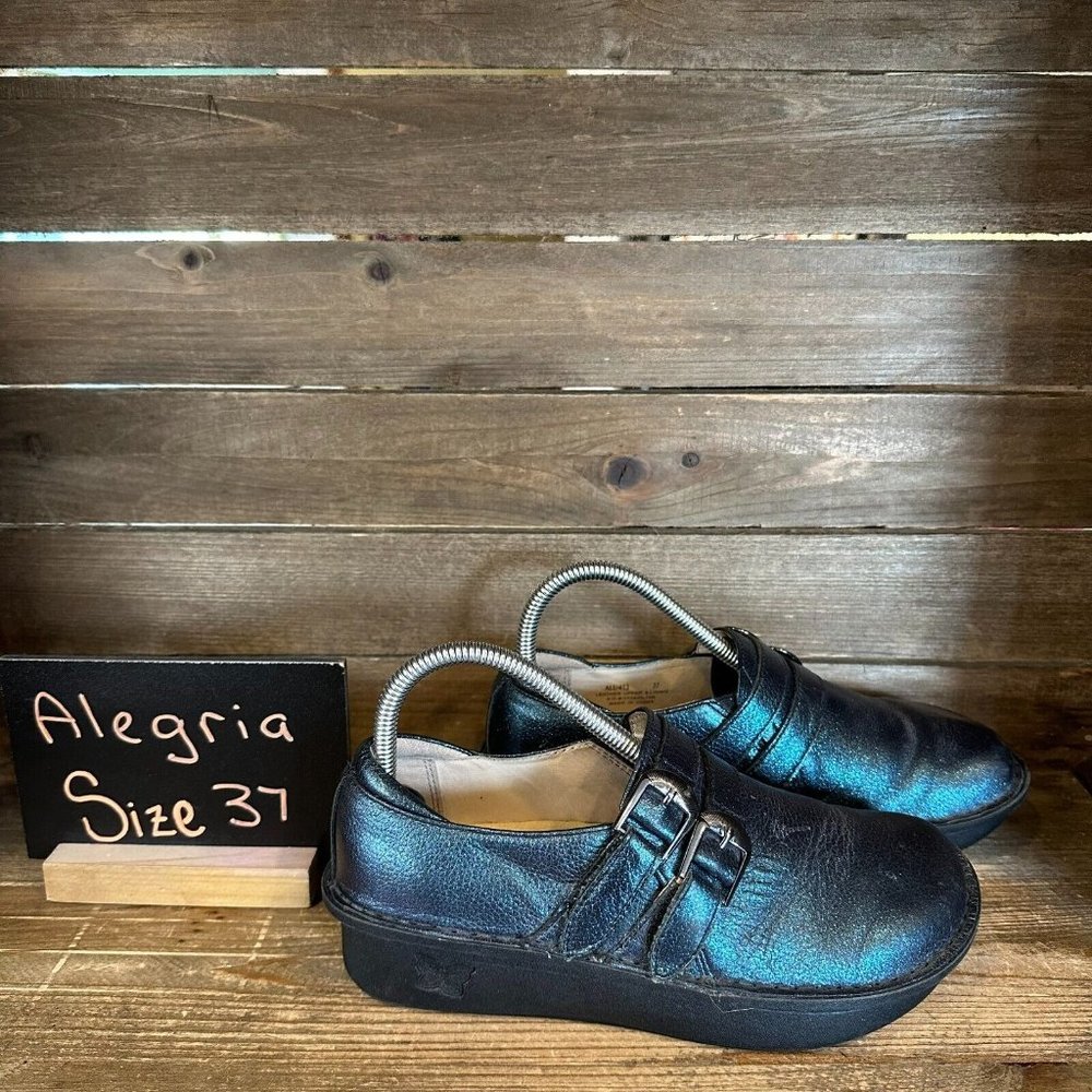 Womens Alegria Alli Starlit Blue Shiney Leather Clogs Shoes Size EU 37 US 7-7.5